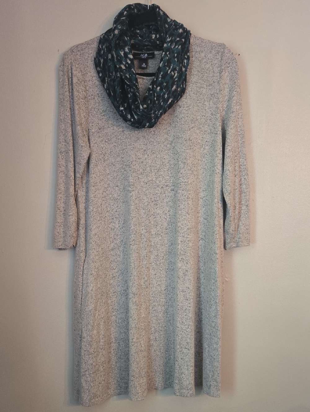 AGB - Cozy Light Gray And Beige Knit Dress with Green Patterned Infinity Scarf